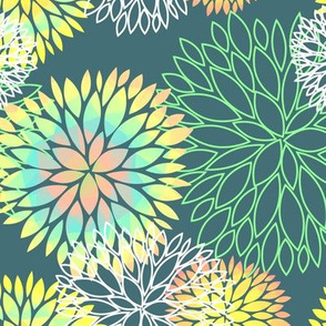 Rainbow Spring Flowers Pattern - Abstract Peonies On Teal Blue Background