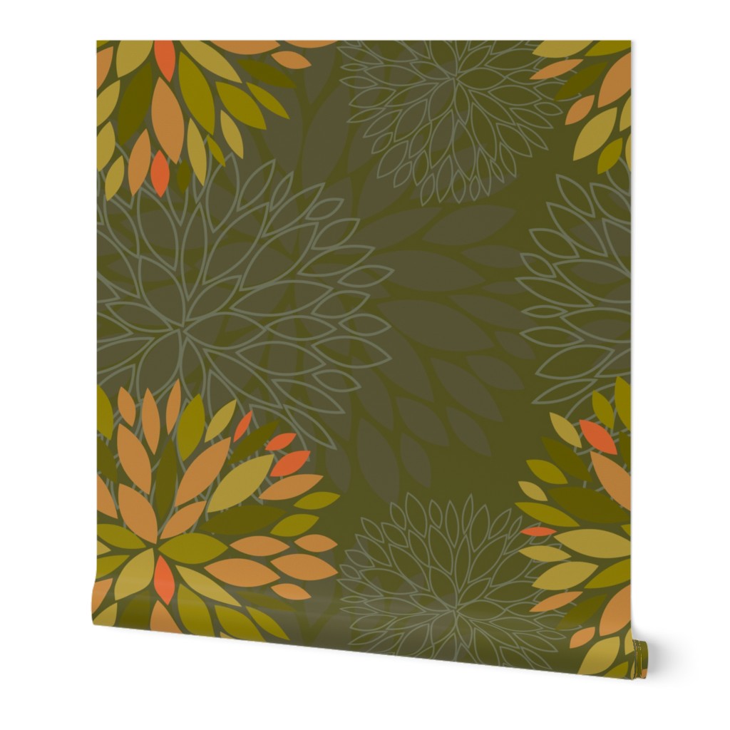 Orange, Green and Brown Autumn flowers pattern