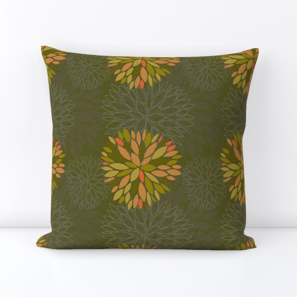 Orange, Green and Brown Autumn flowers pattern