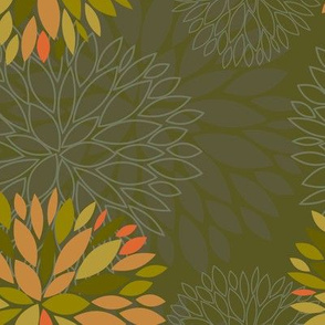 Orange, Green and Brown Autumn flowers pattern
