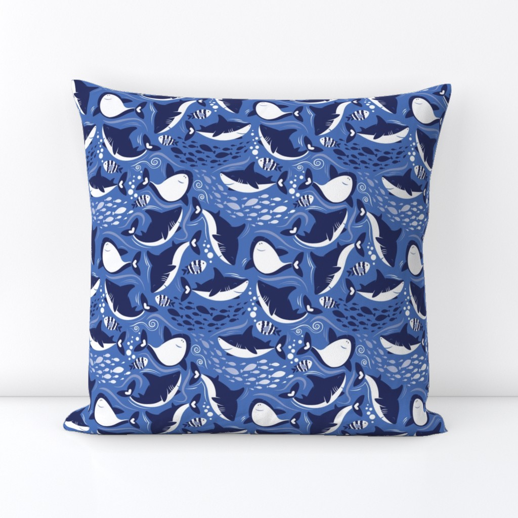 Small scale // Friendly sharks // indigo blue background navy and white sharks