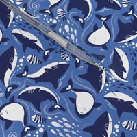 Small scale // Friendly sharks // indigo blue background navy and white sharks