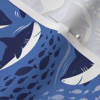 Small scale // Friendly sharks // indigo blue background navy and white sharks