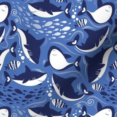 Small scale // Friendly sharks // indigo blue background navy and white sharks