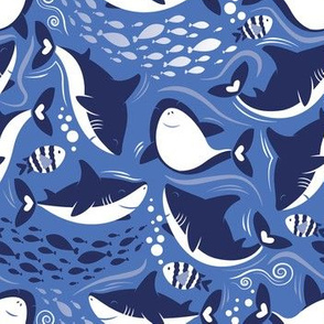 Small scale // Friendly sharks // indigo blue background navy and white sharks