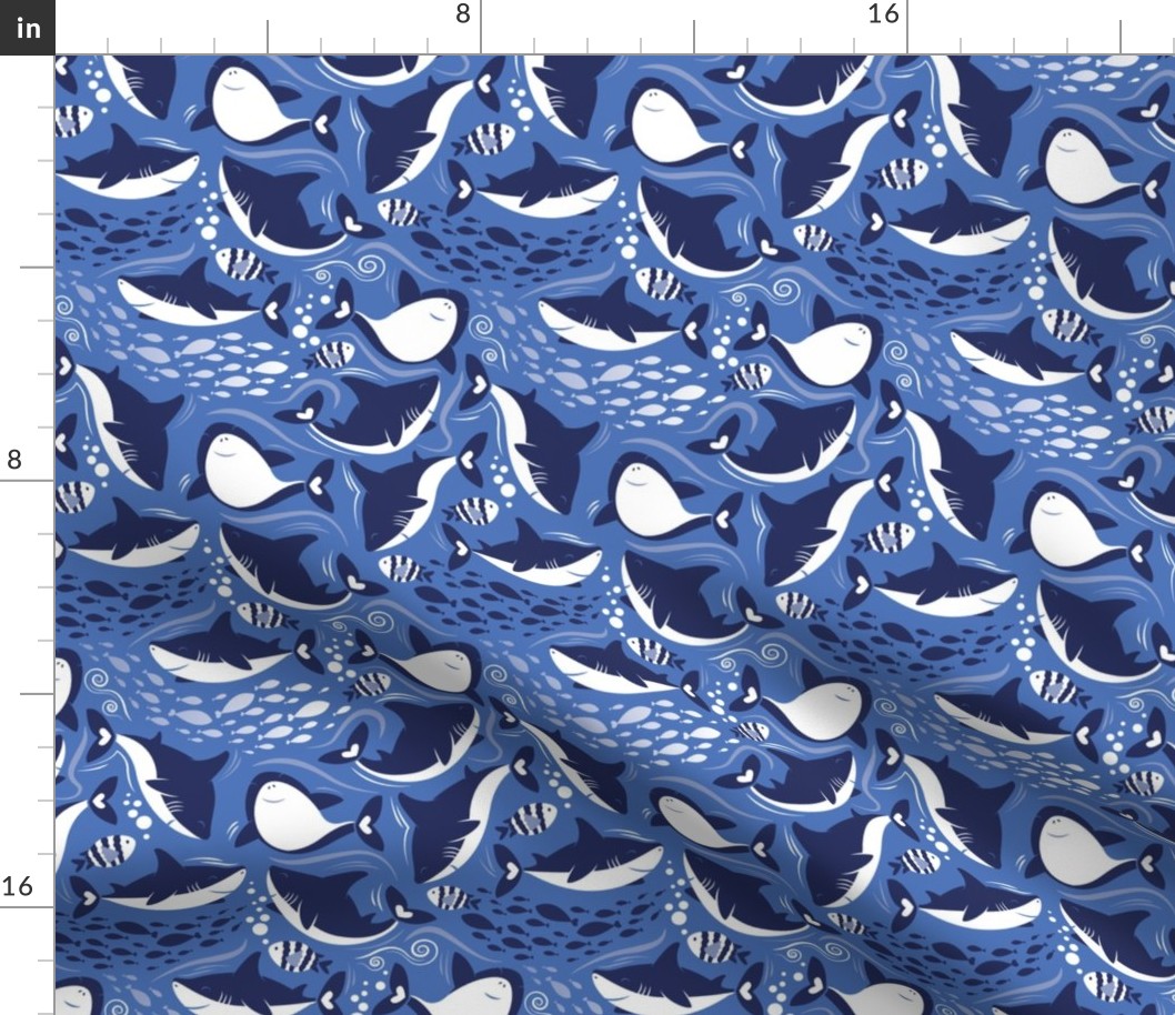 Small scale // Friendly sharks // indigo blue background navy and white sharks