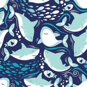 Small scale // Friendly sharks // navy background aqua and white sharks