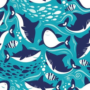 Small scale // Friendly sharks // teal background navy and white sharks