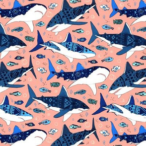 Sharks and Fish on Flamingo Pink - Small Scale