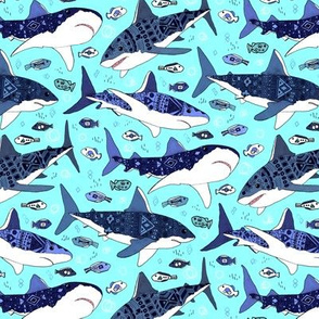 Sharks and Fish on Aqua Blue - Small Scale