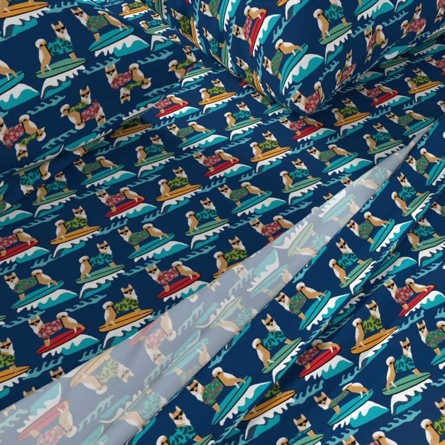 shiba inu surfing summer beach vacation dog breed fabric blue