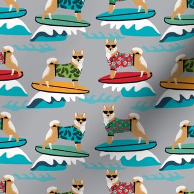 shiba inu surfing summer beach vacation dog breed fabric grey