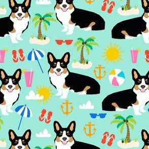 tricolored corgi beach vacation summer sunshine dog fabric med mint