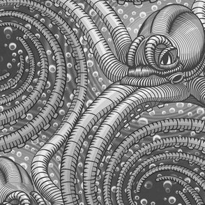 ★ KRAKEN ' ROLL ★ Monochrome Black & White - Large Scale / Collection : Kraken ' Roll – Steampunk Octopus Print