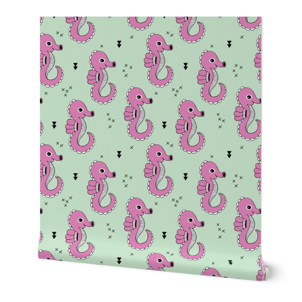 Sea horse baby geometric ocean sea life illustration design mint purple girls Medium