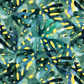 Monstera Overlapping Leaves on Yellow Watercolor