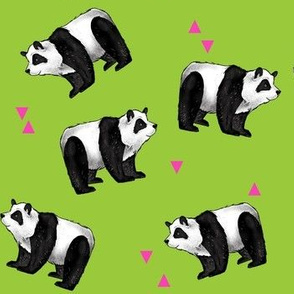 pandas everywhere on green with pink triangles