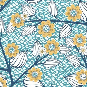 Flowers on Netting, Blue, Yellow