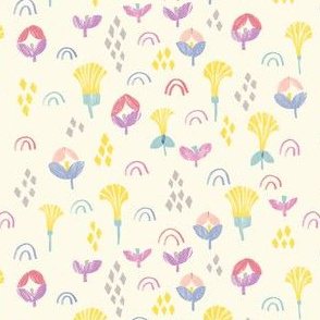 Sunshine Garden-ditsy geometric floral with rainbows