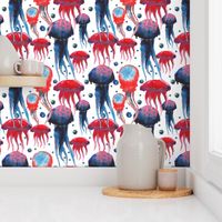 Watercolor hand painted colorful sea pattern with jellyfish