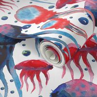 Watercolor hand painted colorful sea pattern with jellyfish
