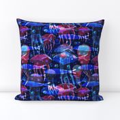Watercolor hand painted sea pattern with ocean fish and jellyfish