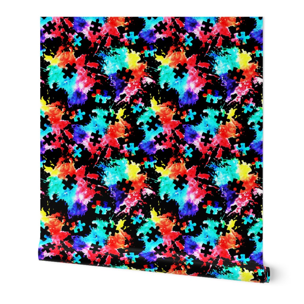 autism awareness watercolor splatter fabric w/ puzzle piece (black) C18BS