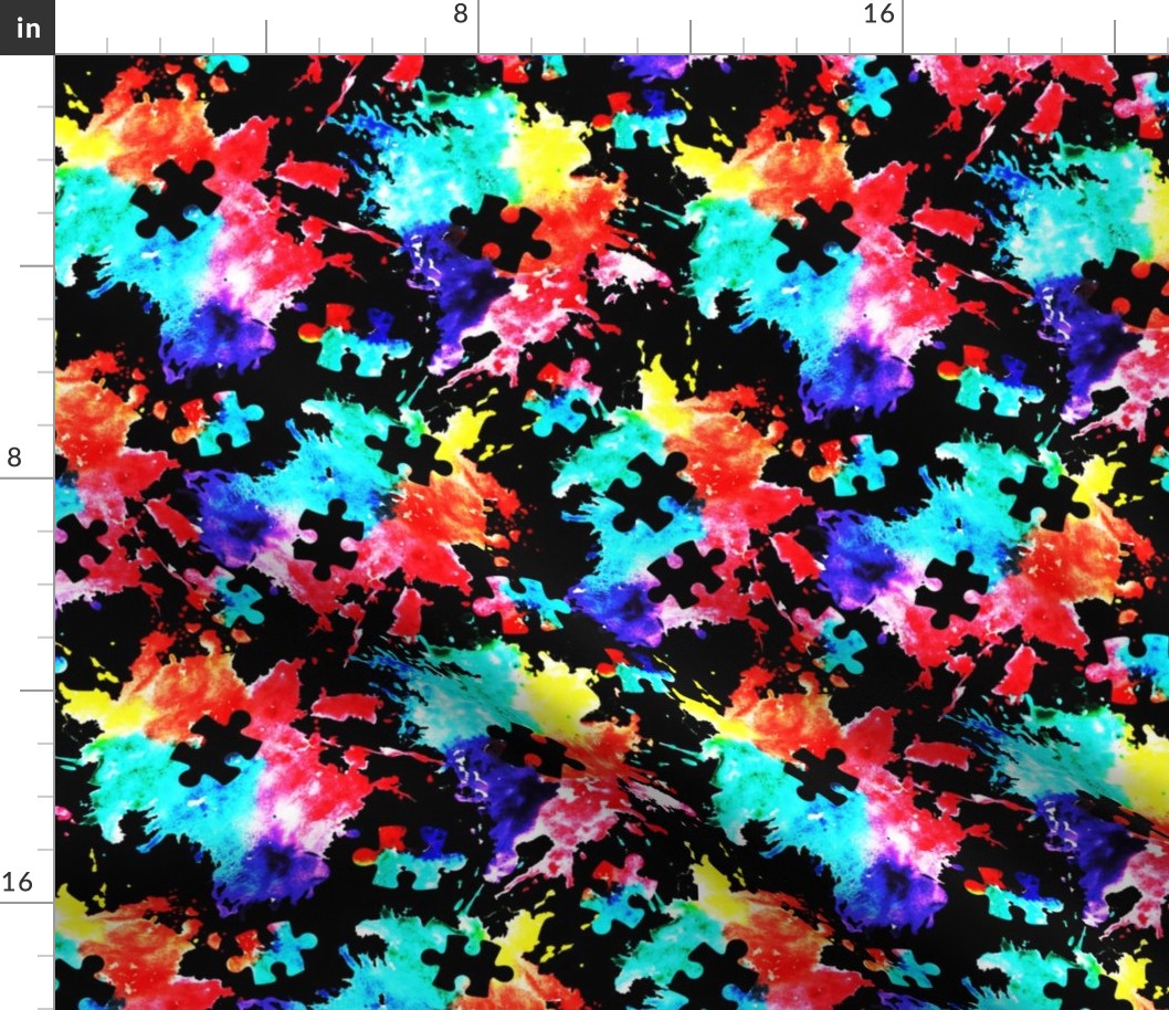 autism awareness watercolor splatter fabric w/ puzzle piece (black) C18BS