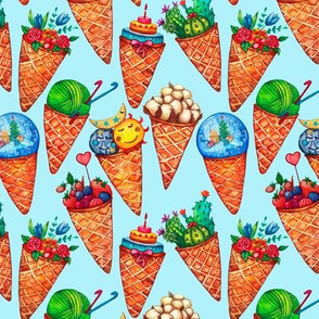 Colorful seamless pattern with Ice cream cone funny icons on blue