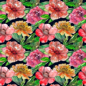 Flowers and leaves colorful graphic seamless pattern on dark