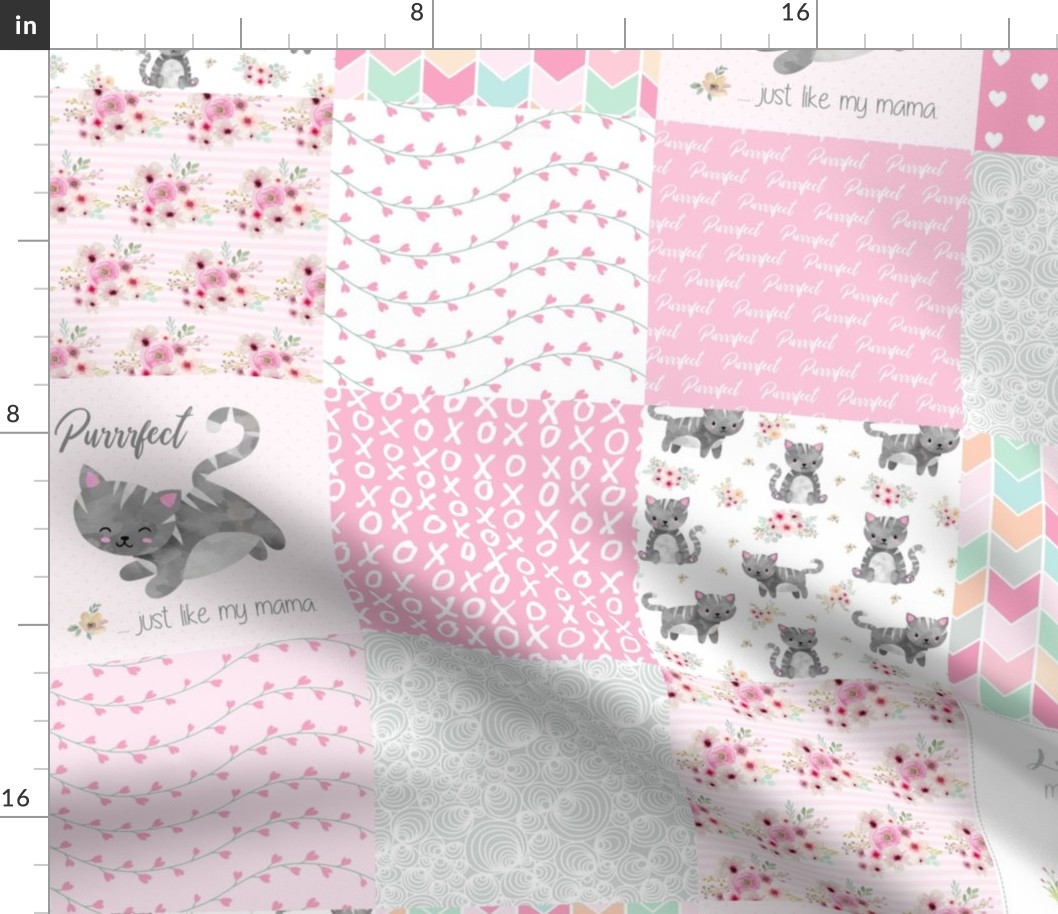 Purrrfect Kitten Patchwork Quilt - Pink & Grey - Purrrfect... just like my mama