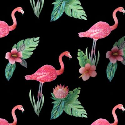 flamingo tropical floral on black