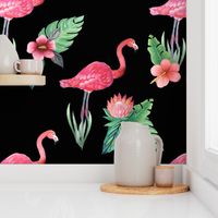 flamingo tropical floral on black
