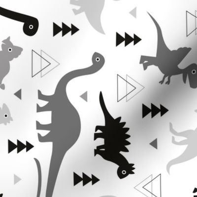 Adorable dino boys fabric with black and gray dinosaur geometric triangles and funky animal illustration theme for kids rotated