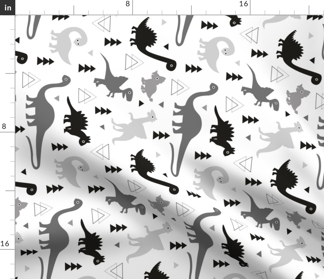 Adorable dino boys fabric with black and gray dinosaur geometric triangles and funky animal illustration theme for kids rotated