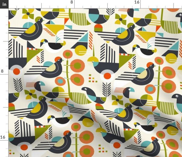 Bauhaus Style Bird Print w Geometric Shapes & Red  Yellow  Orange Design Animal Wall Art