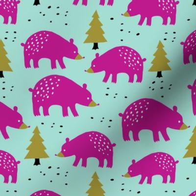 Bears in the winter forest pink on mint