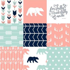 adventure woodland wholecloth - fearfully and wonderfully made || coral, dark mint, navy C18BS