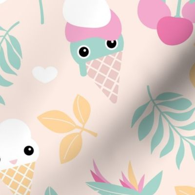 Cute kawaii ice cream flowers and cherry blossom leaves summer design pastel girls jumbo