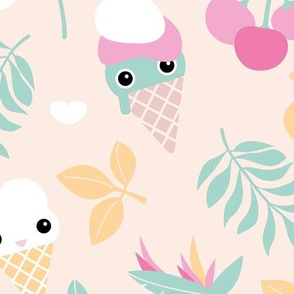 Cute kawaii ice cream flowers and cherry blossom leaves summer design pastel girls jumbo