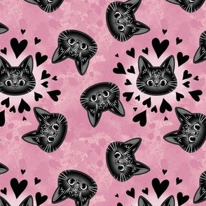 black cat heads with hearts on watercolour