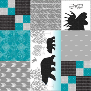 Camp Yellowstone Cheater Quilt (rotated) – Bears Moose Wholecloth – Black Gray Teal Design