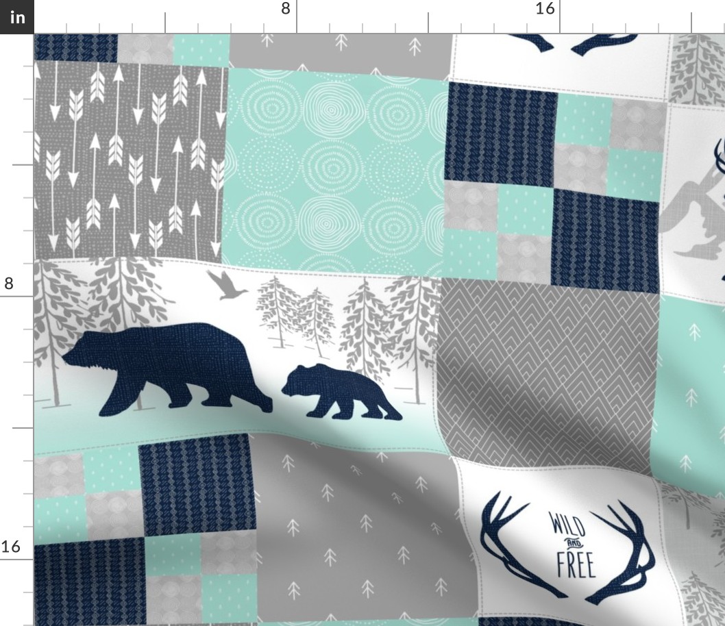 Bears Deer Antlers Wholecloth – Wild and Free Cheater Quilt – Navy Gray Mint Design