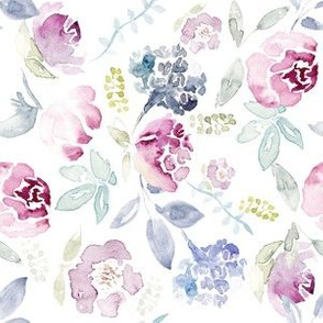 Watercolour Florals Vintage Faded Style on White MEDIUM - Railroad - 90° clockwise