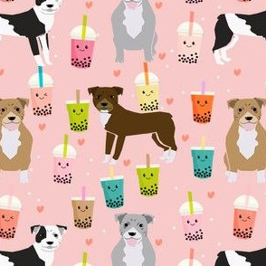 pitbull boba tea fabric - cute kawaii bubble tea pitbulls design - pink