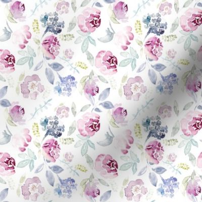 Watercolour Florals Vintage Faded Style on White Small - Railroad - 90° clockwise