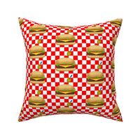 Gourmet Cheeseburger  on red & white 