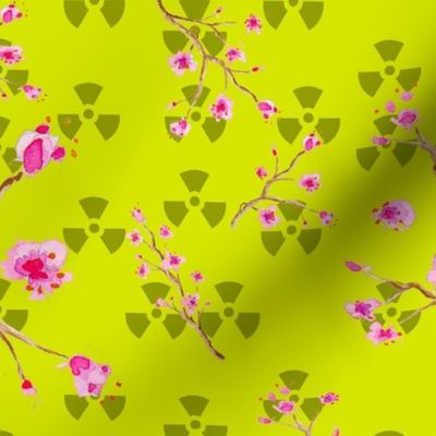Cherryblossom and nuclear waste symbol pattern tile yellow background 72dpa