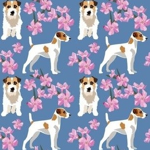 Jack Russel Terrier Dogs Pink Oleander Flowers Blue floral  Dog fabric
