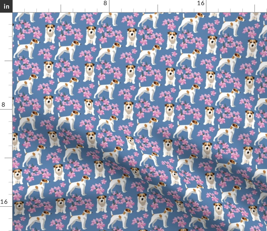 Jack Russel Terrier Dogs Pink Oleander Flowers Blue floral  Dog fabric